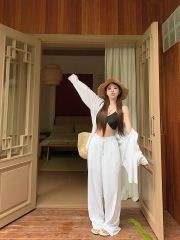 Real photos~Refreshing holiday old money style classic shirt white casual pants simple loose three-piece set