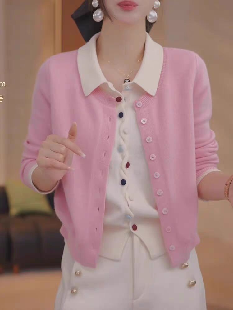 Spring and Autumn New Women's Fake Two-Piece Knitted Top Cardigan Color Button Lapel Lace Base Loose Sweater