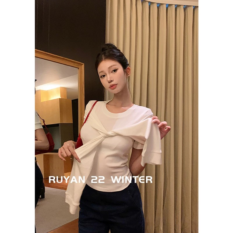 RUYAN~Eye-ready summer women's clothing new style fake two-piece slimming flesh-covering design knitted round neck short sleeves
