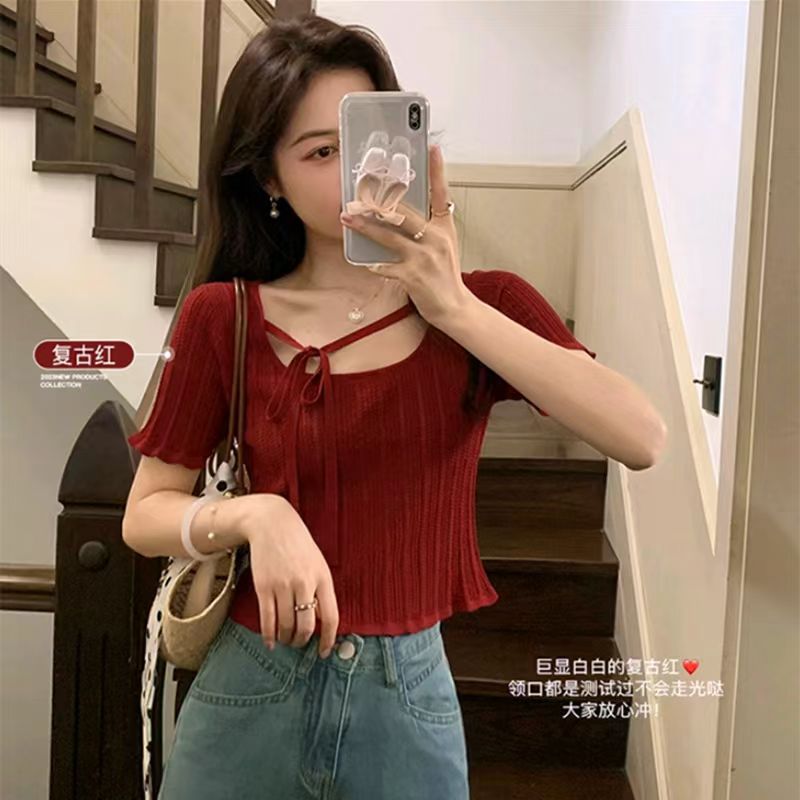 已出貨 涼感針織短袖女夏季薄款綁帶設計感短款上衣