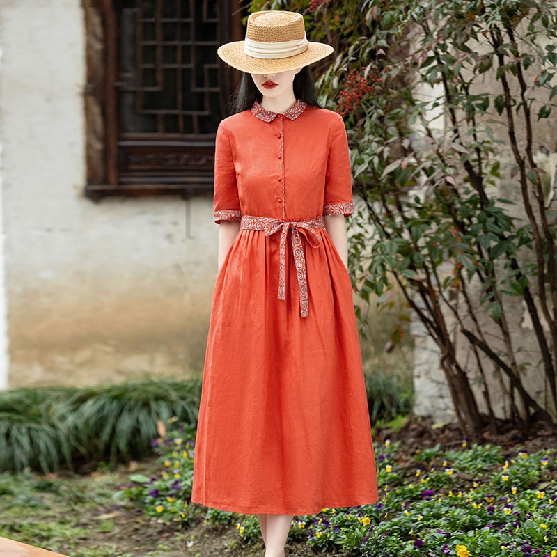 2025 ethnic style cotton and linen short-sleeved dress new high-end linen long dress