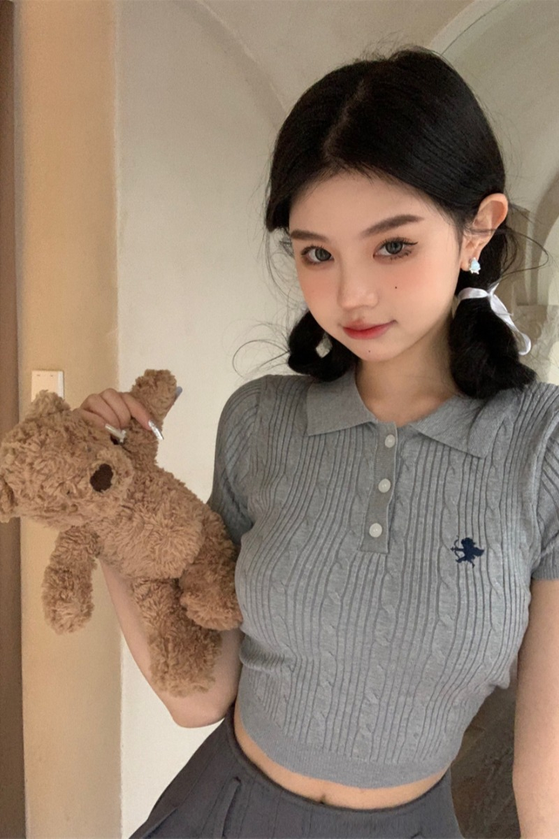 已出貨 POLO領刺繡針織衫女夏季新款復古辣妹短款修身露臍上衣