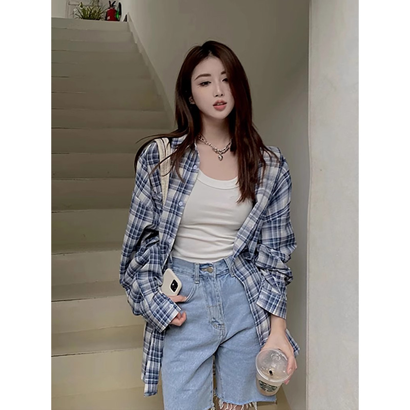 Blue plaid lazy style shirt spring and autumn ins design sense casual long-sleeved cardigan thin top coat for women
