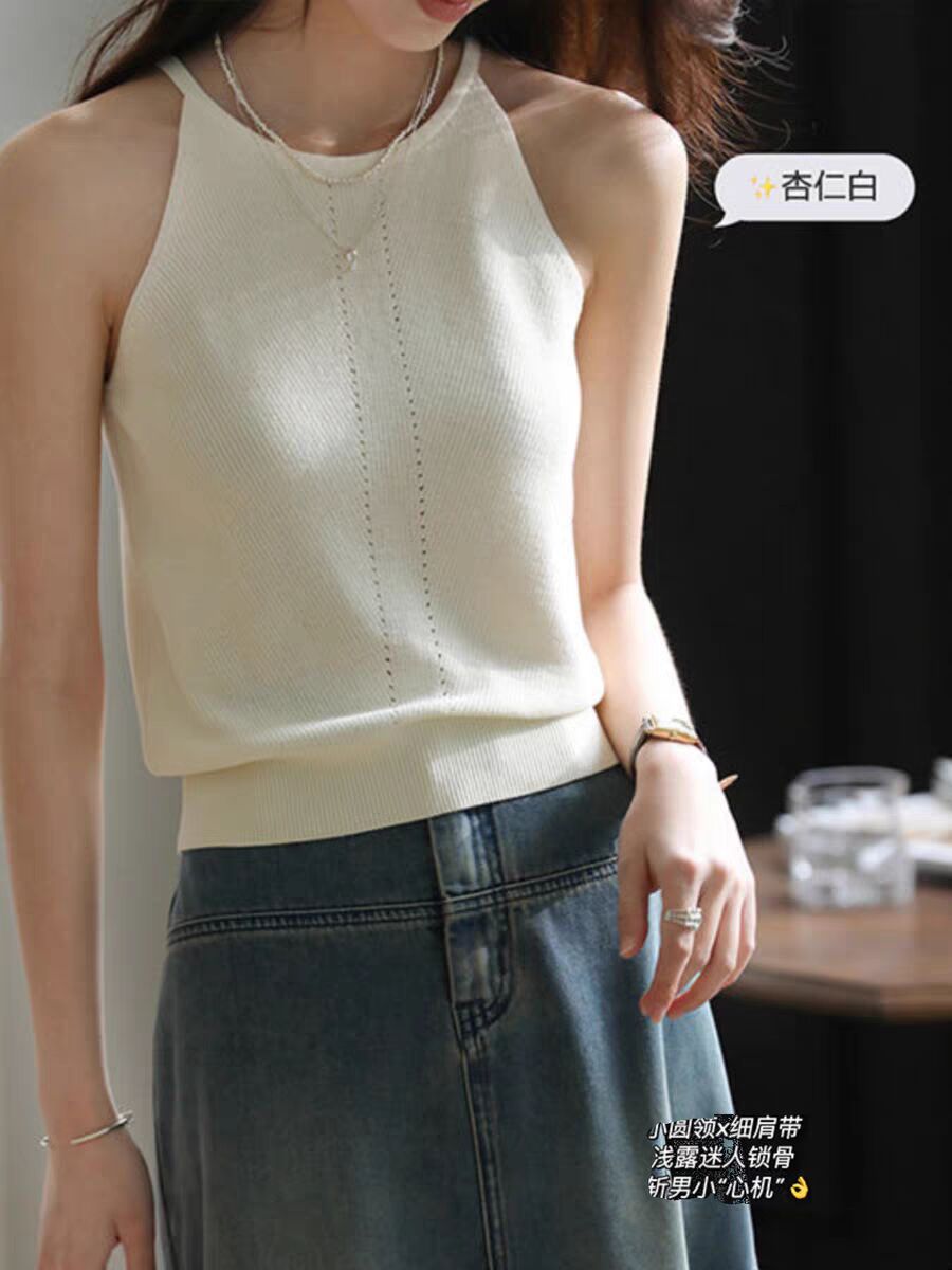 Fashionable knitted neck halter vest for women French elegant shoulder-length I-shaped vest suit