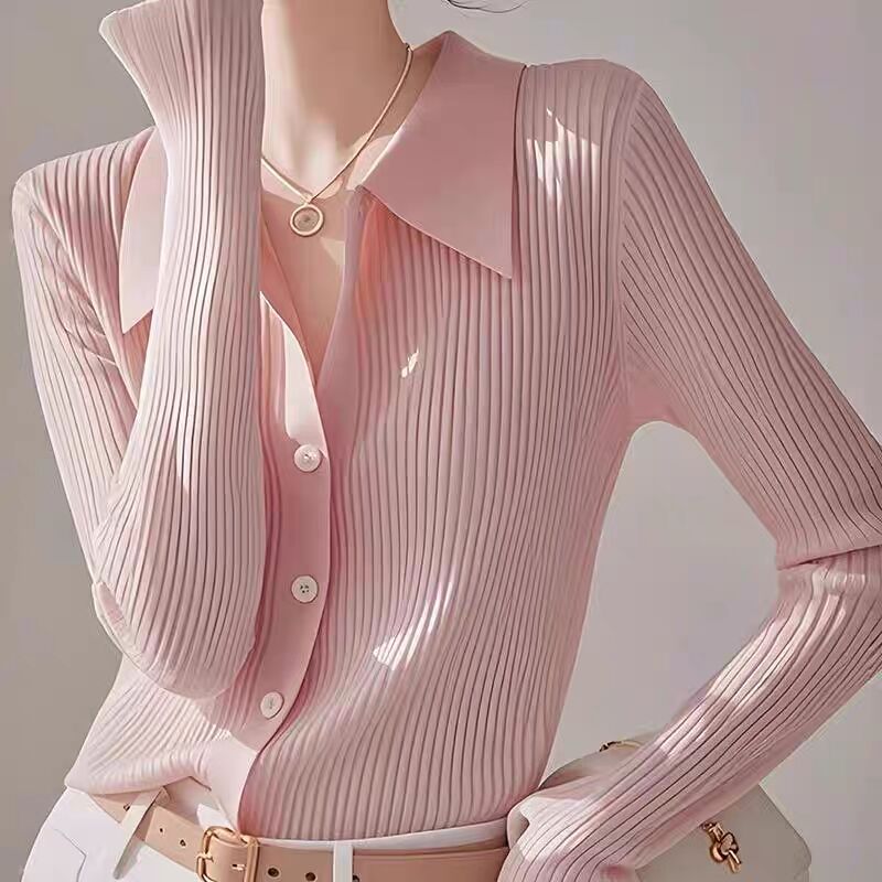 Pink sweater design niche high-end temperament unique and beautiful slim polo collar top