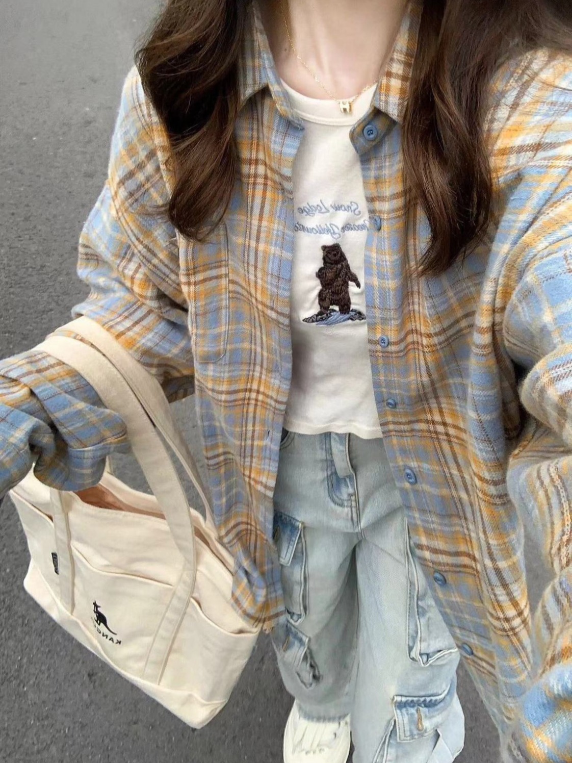 Original quality original method Two pockets dopamine sweet cream yellow pure cotton plaid shirt for women