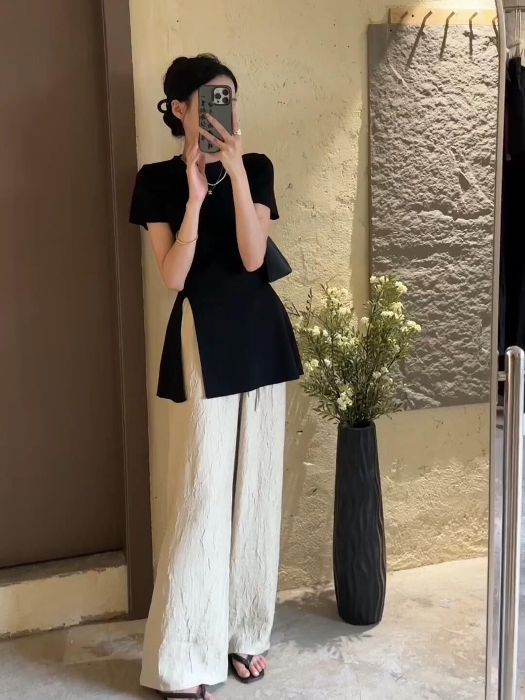 Black front shoulder bow knitted slit top for summer thin lazy style pleated casual wide-leg pants two-piece set