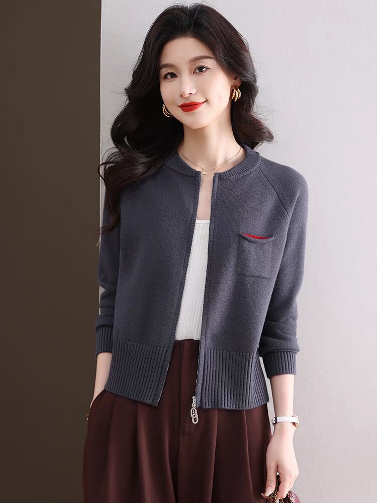 Round neck zipper high waist knitted cardigan jacket for women in spring and autumn 2025 new high-end small sweater short