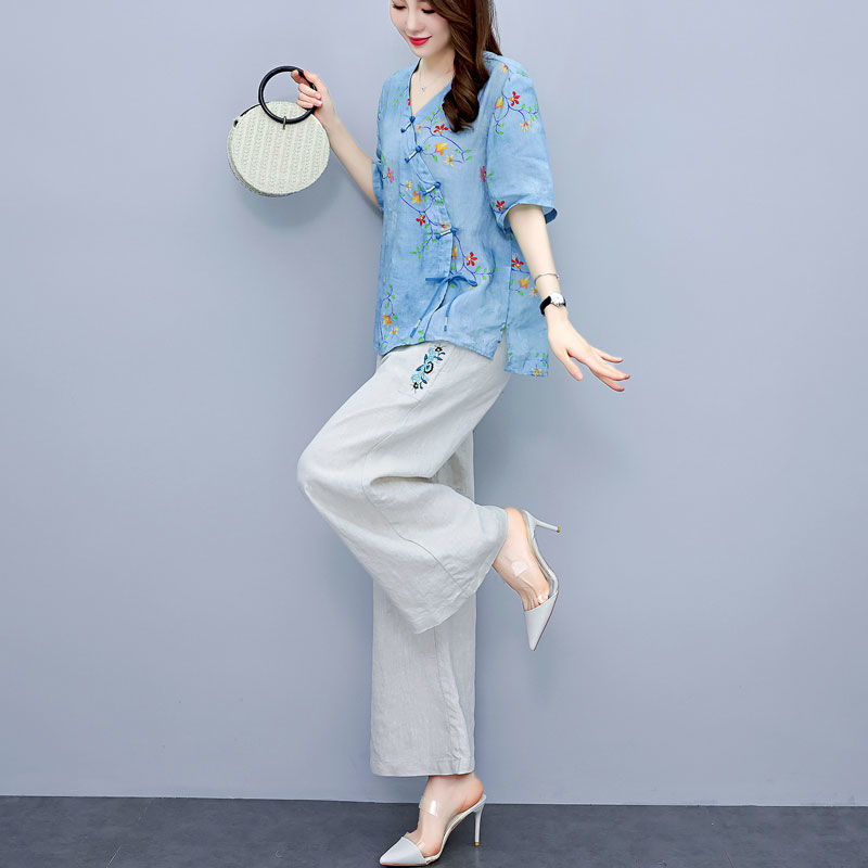 Pan-button ramie wide-leg pants suit for women in summer 2025 new fashion casual ethnic style mother cotton linen two-piece set