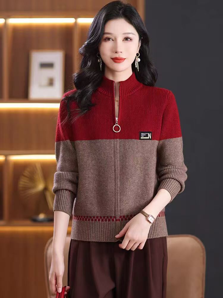 立領時尚拼色休閒針織衫拉鏈開衫女新款寬鬆顯瘦中年媽媽裝外套潮