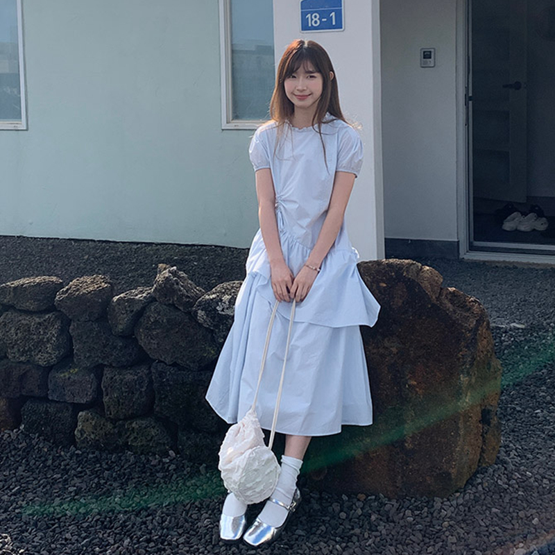 French niche ruffle drawstring shirt skirt for women in summer short-sleeved sweet and gentle style slim puff sleeve skirt for women