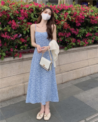 Floral dress for women chiffon gentle style literary girl retro blue suspender long skirt