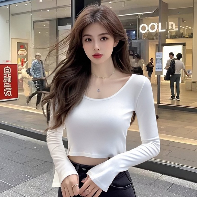Korean style curved hem cuffs slit design sexy tight large U-neck long-sleeved T-shirt women's short top