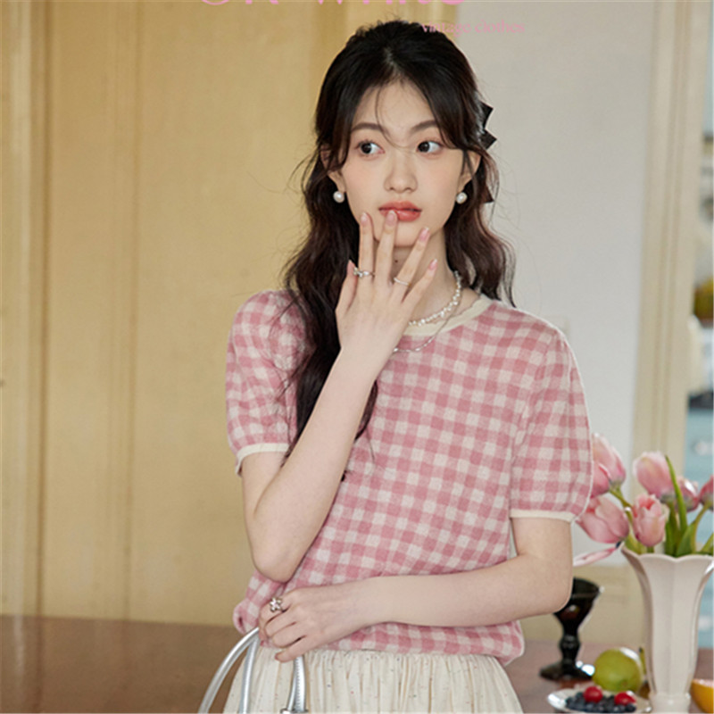 已出貨 美麗奴羊毛格紋圓領T恤花邊粉色短袖針織衫夏季新款