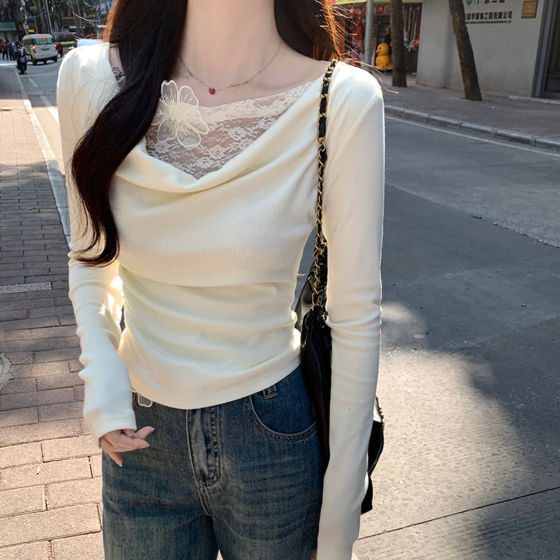 Real shot 2*2 thread 260g long-sleeved T-shirt women's 2025 new lace slim base shirt pile collar top