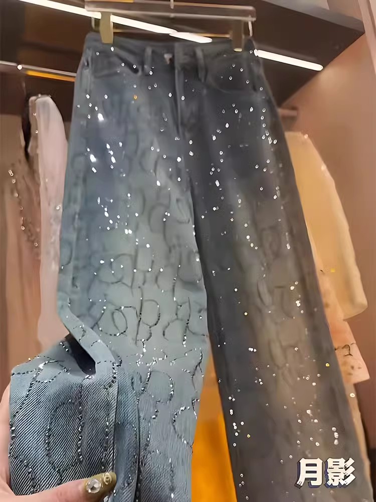 Women's new autumn and winter design high-waist heavy industry bright diamond loose straight wide-leg floor pants