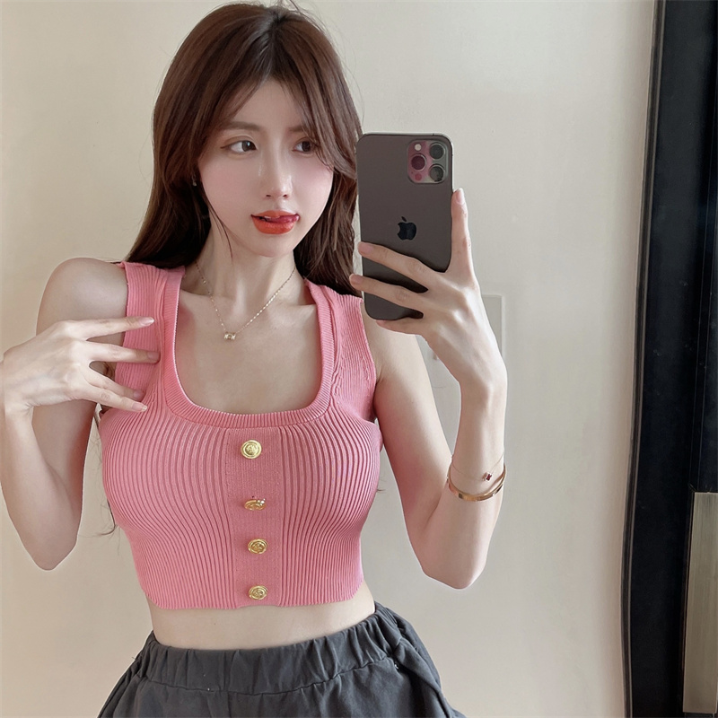 已出貨 方領針織吊帶背心女夏季甜美內搭顯瘦短款外穿打底衫上衣