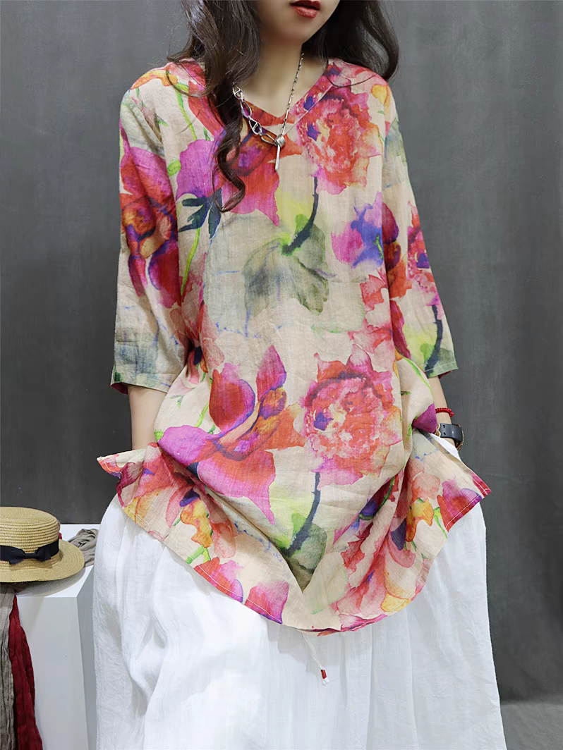 棉麻女裝2025春夏新款復古苧麻印花小V領寬鬆百搭中袖套頭襯衫女
