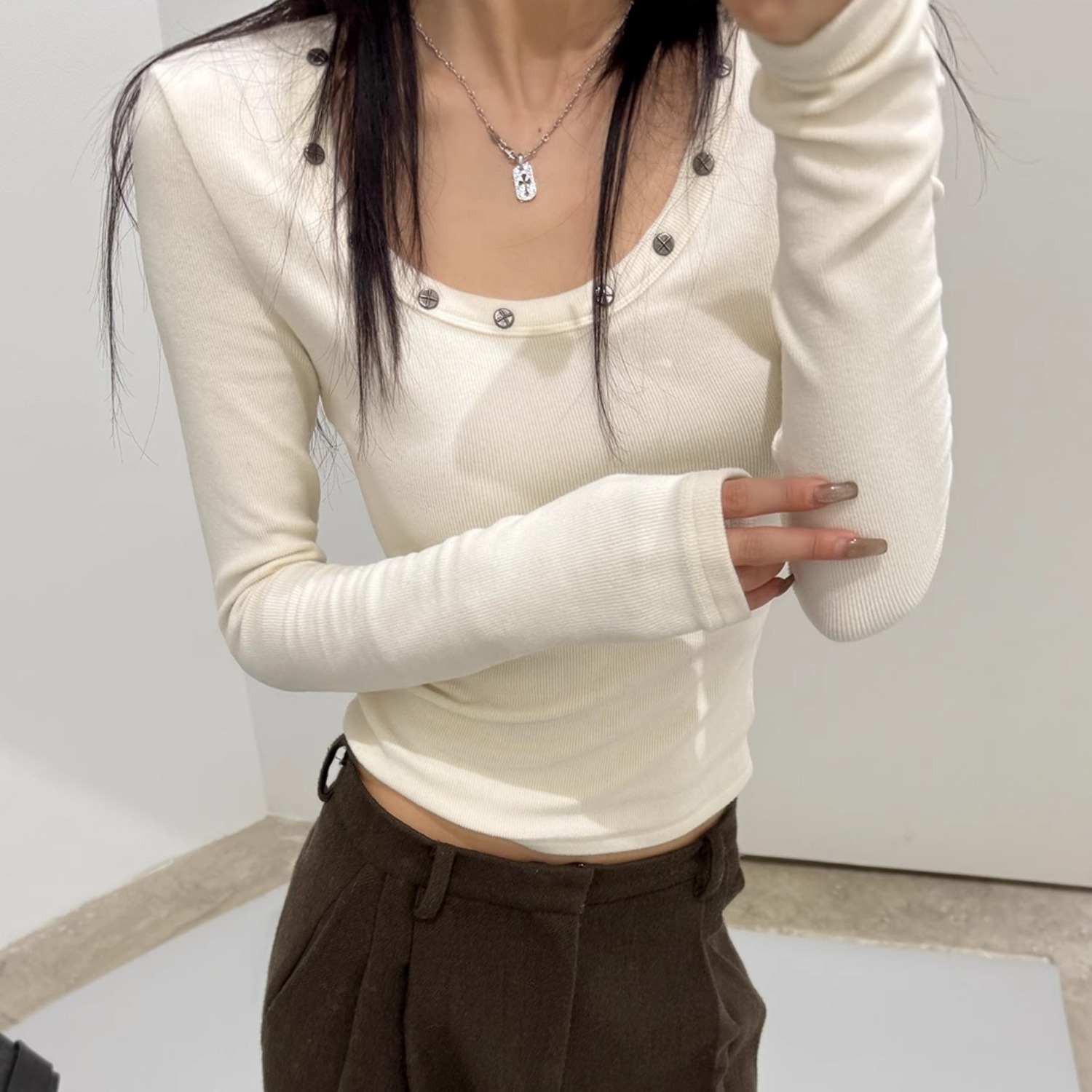 Official picture cotton 260g long-sleeved T-shirt women's 2025 new rivet design slim base shirt round neck top