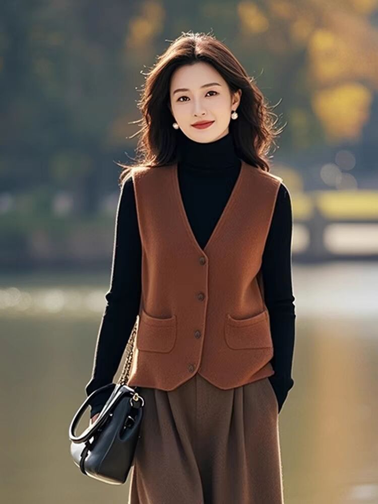French unique design and temperament goddess style high-end brown sleeveless vest 2025 new women