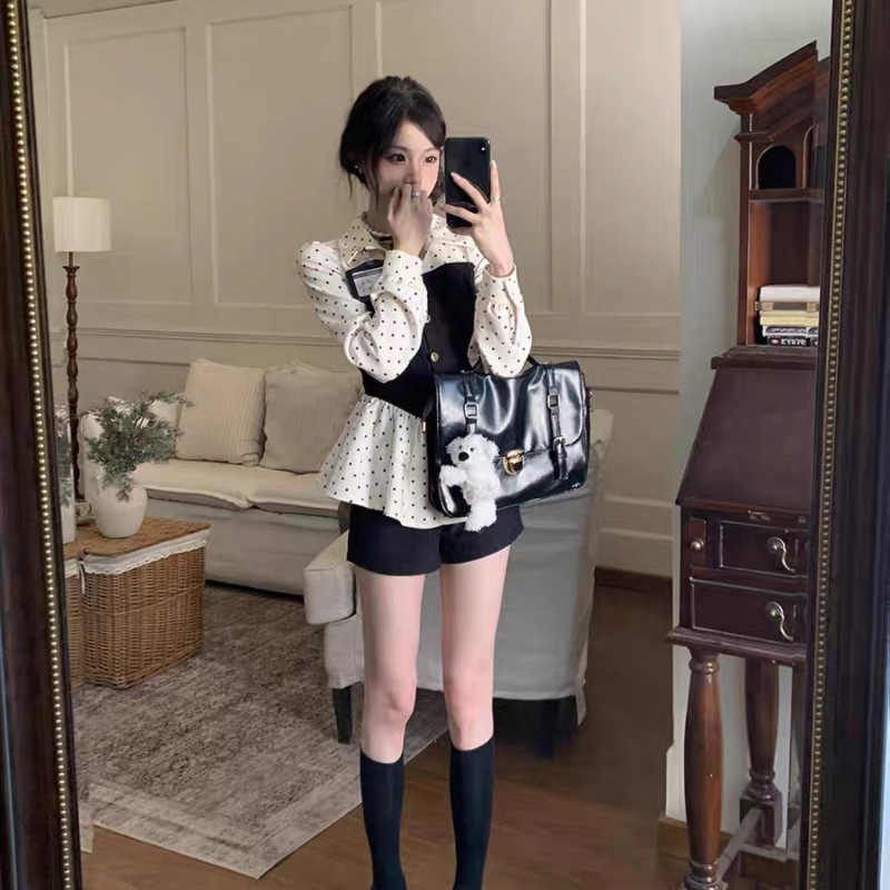 Fabric pig miu series of golden golden dot shirt for women, sweet waist-hugging and slimming contrasting color design fake two-piece top