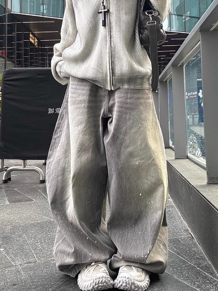Large size American retro ink wash wide-leg jeans for men and women 2025 street vibe style loose scimitar trousers