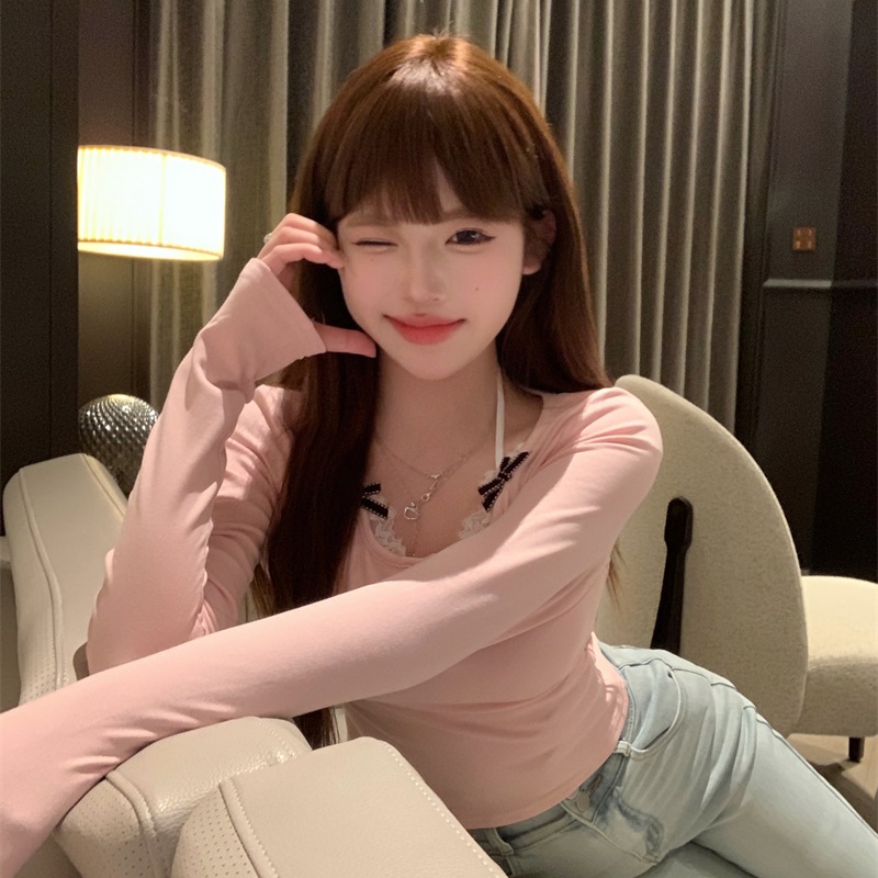 Fake two-piece lace long-sleeved women's new tight bow top