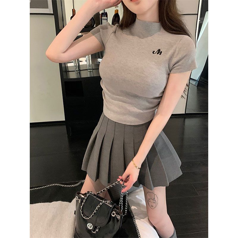 Half turtle neck embroidered knitted short-sleeved T-shirt for women's summer hot girl sexy base shirt slim short top