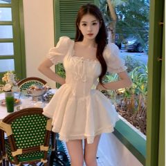 Girls summer short-sleeved princess dress 2025 square collar puff sleeve waist slimming Korean style puff short skirt dress