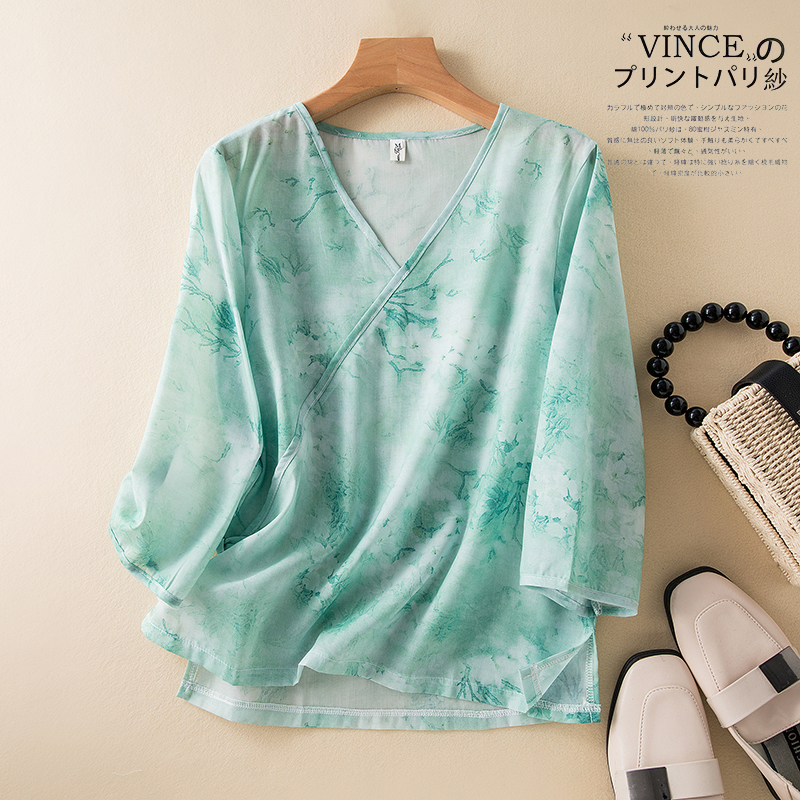 Real shot Chinese style Chinese style button-printed ramie top for women with high-end short loose cotton linen v-neck shirt summer