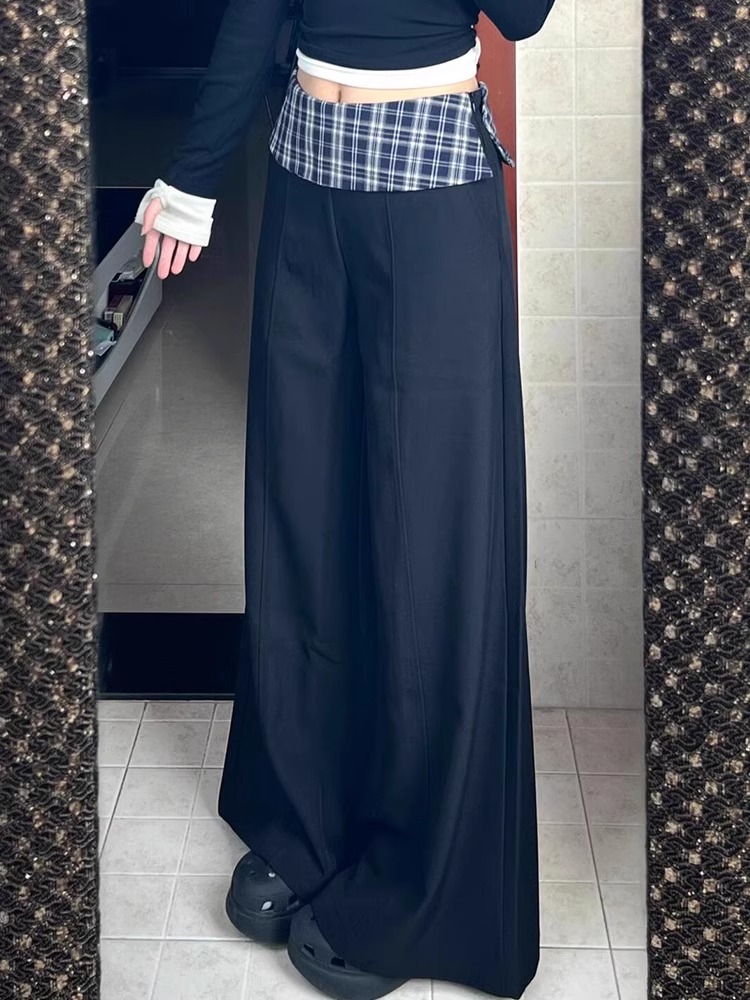 Three-dimensional waist #2025 early spring new black checked spliced ​​suit pants for women straight-leg casual pants