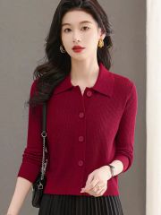 洋氣針織開衫外套女短款小個子2025春秋高腰翻領羊毛衫上衣