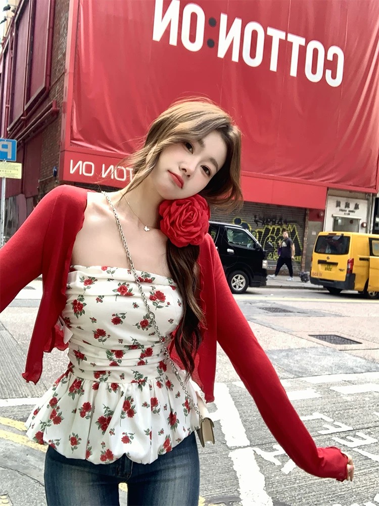 New Chinese style EIA Yiyao Sweetheart Meimei Retro Pure Floral Strap Top for Women's Spring and Summer + Cardigan