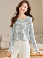 Ice silk knitted hollow-out long-sleeved T-shirt, round neck, loose fit, slimming, niche design, short blouse, outerwear shirt for summer