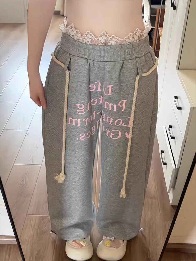 Three-dimensional waist retro letter printed lace spliced ​​sports sweatpants for women in autumn and winter new wide legs