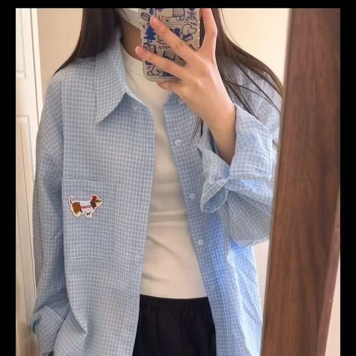 Dachshund puppy embroidered plaid shirt for women 2025 spring and autumn fashionable loose versatile niche top coat
