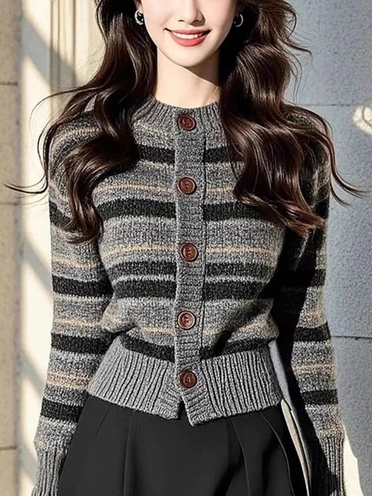 Korean lazy style striped long-sleeved sweater soft and comfortable skin-friendly knitted cardigan top for women