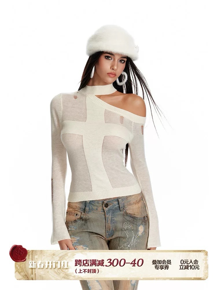 4muggle wool blend cross knit sweater for women in winter new style slim skin-friendly soft and glutinous base shirt