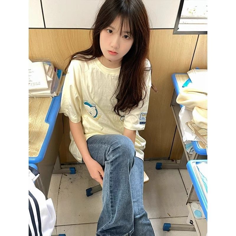 Original embroidery 230g pure cotton back collar bag short-sleeved T-shirt new summer loose top for women