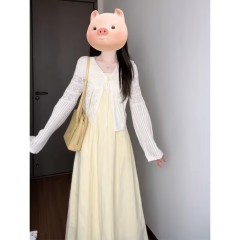 2025 spring new style for women French style thin and versatile long-sleeved cardigan square collar waist-closed slim suspender dress