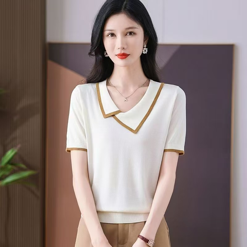 短袖t恤女夏季薄款冰絲針織小衫洋氣寬鬆遮肉休閒真絲上衣