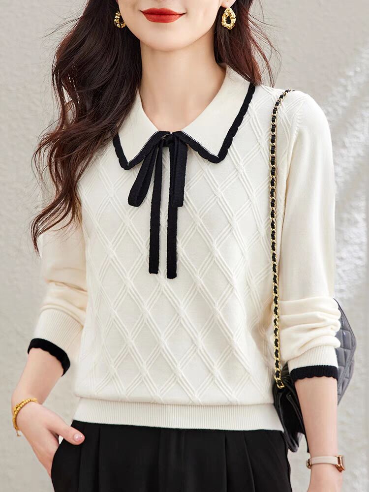 Doll collar bow knit sweater for women in spring and autumn lapels with fashionable age-reducing beauty sweater