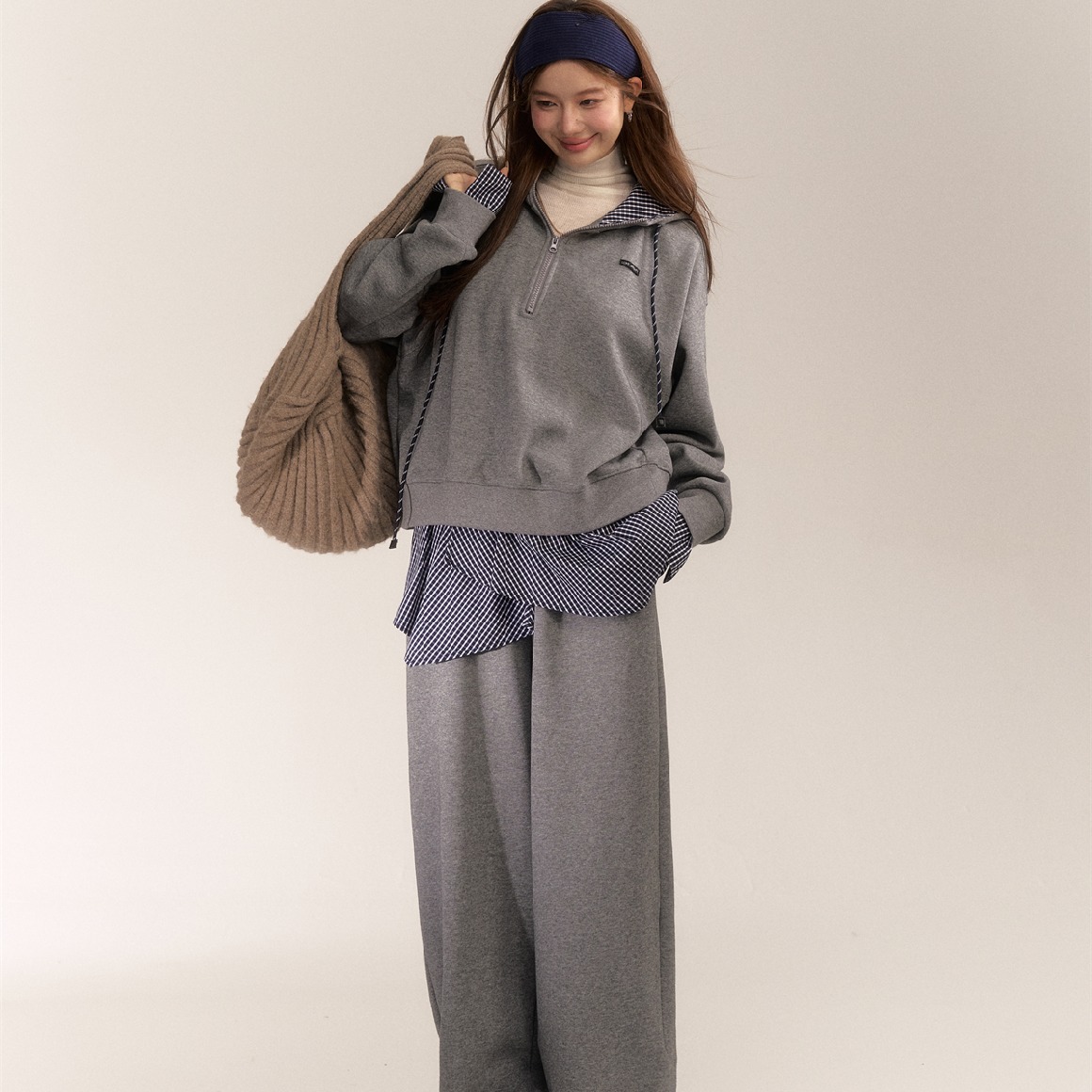 Pure cotton Hua cotton original workmanship Meng/Zi/Yi same style spliced ​​plaid fake two-piece sweatshirt and sweatpants suit for women spring