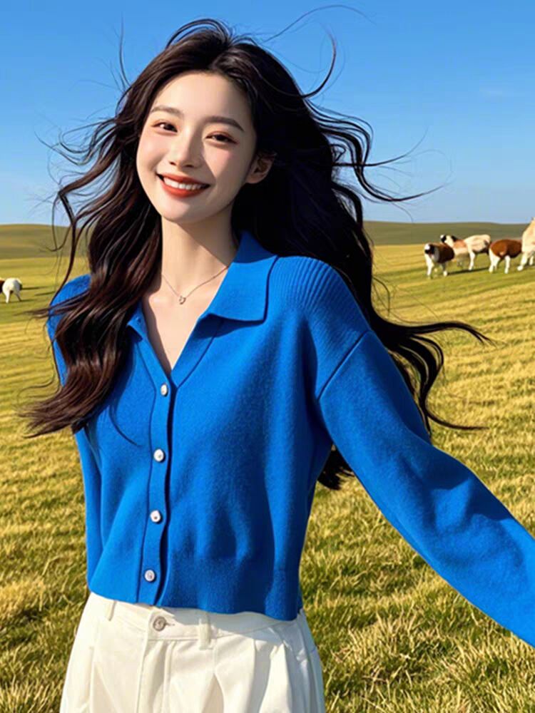 New French high-end polo collar Klein blue sweater knitted cardigan jacket top for women