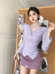 Real-life atmosphere pure desire suit for women mesh splicing V-neck purple sweater half-body skirt two-piece set