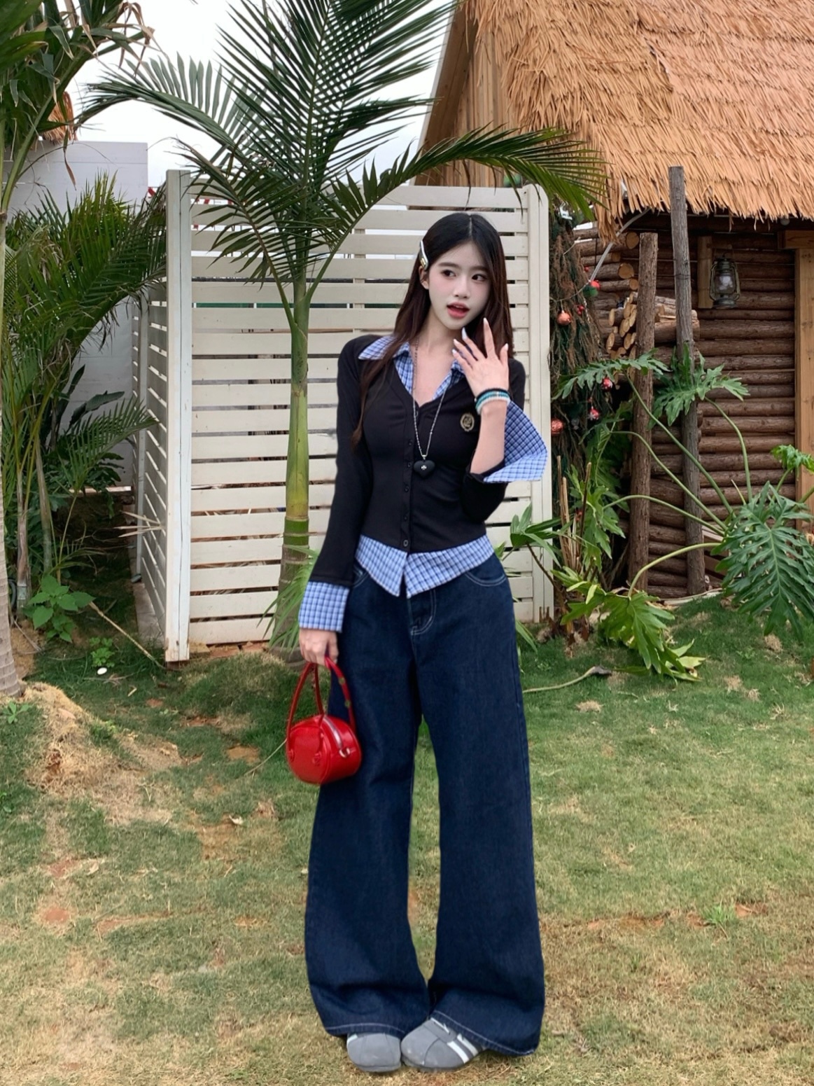 Real-life checked fake two-piece polo collar long-sleeved shirt top dark blue wide-leg jeans two-piece set