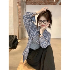 Pure cotton plaid very special long-sleeved shirt design niche jacket lazy retro loose shirt