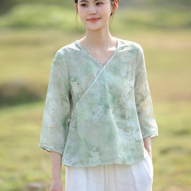 2025 Chinese style Chinese style button printed ramie top for women with high-end short loose cotton linen v-neck shirt summer