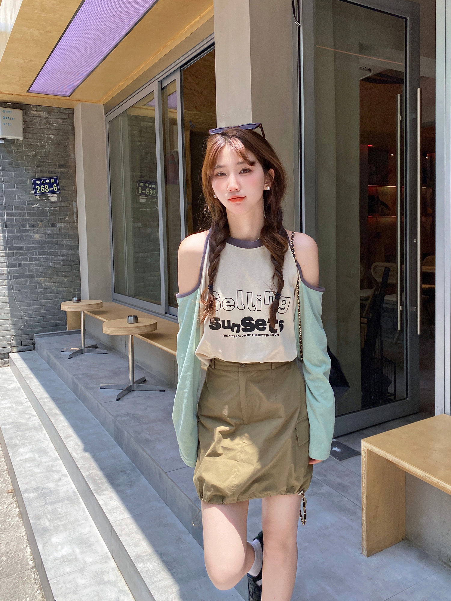 170g Tiansi Snowflake Pure Cotton Thin Ragshoulder Sleeve Off-shoulder Contrast Print T-shirt Sunscreen Top Retro Summer Women