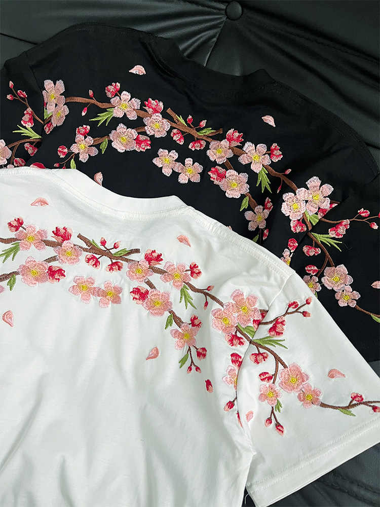 New Chinese style heavy industry plum blossom embroidery pure cotton short-sleeved T-shirt for men and women summer loose couple half-sleeved tops ins